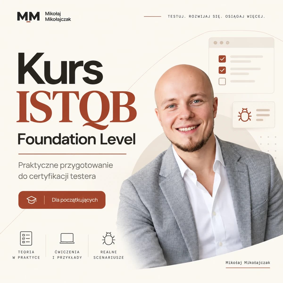 Okładka kursu ISTQB Foundation Level z Mikołajem Mikołajczakiem