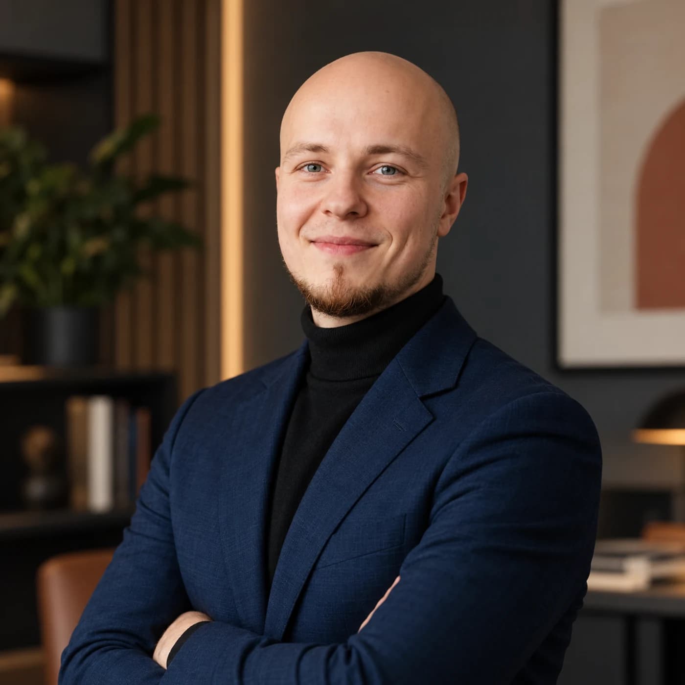 Mikołaj Mikołajczak w granatowej marynarce i czarnym golfie