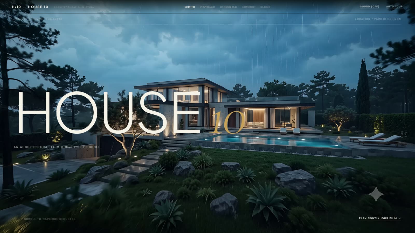 HOUSE 10: filmowe otwarcie strony z wizualizacją domu, tytułem i nawigacją po rozdziałach
